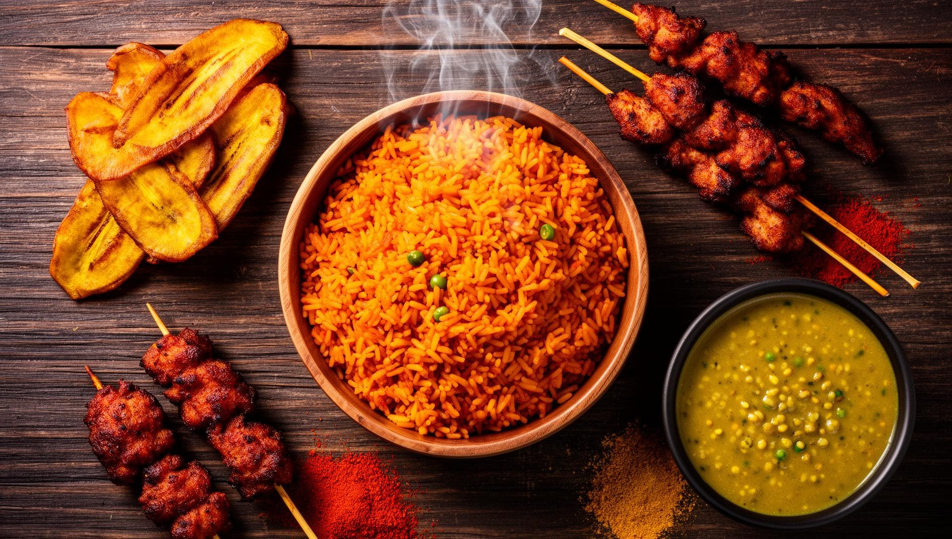 A spread of freshly cooked home meals including jollof rice, grilled skewers, and hearty soups