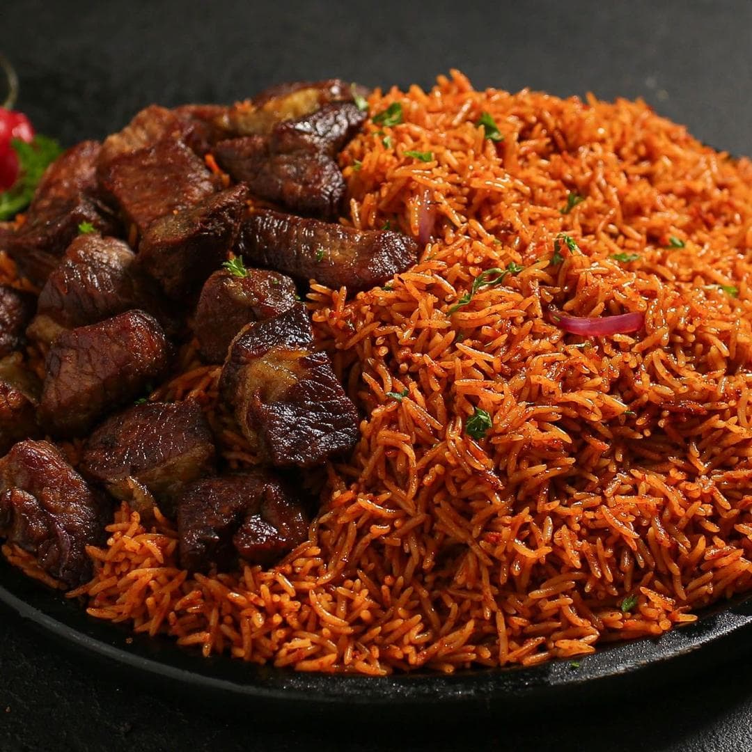 Jollof rice plated from the kitchen